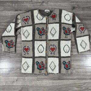 VTG Knit Sweater Womens S 90s Bird & Heart Wool Wood Buttons Cottagecore Grandma